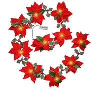 Red Poinsettia Led String Lights, Christmas Garland with Holly Leaves and Battery Operation