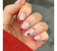 Red Polka Dot French Tips Press on Nails Short Almond Fake Nails Designs Nude Glitter False Nails Cute Strawberry Full Cover Glossy for Women Girls Spring Summer Manicure Decoration 24Pcs