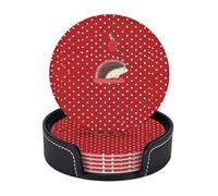 Red polka dot hedgehog Coasters for Drinks Set of 6 Leather Drink Coasters with Holder Heat Resistant Bar Coasters Round Cup Mat Pad Cute Cup Coaster for Hot Cold Drink Kinds of Cups