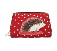 Red polka dot hedgehog Makeup Bag for Women Cosmetic Bags Leather Travel Makeup Case Organizer Waterproof Make up Pouch Open Flat Toiletry Bag Portable Storage Pouch for Travelling, Gold, One Size