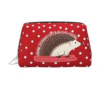 Red polka dot hedgehog Makeup Bag for Women Cosmetic Bags Leather Travel Makeup Case Organizer Waterproof Make up Pouch Open Flat Toiletry Bag Portable Storage Pouch for Travelling, Silver, One Size