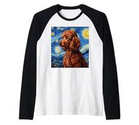 Red Poodle Dog Van Gogh Style Starry Night Raglan Baseball Tee