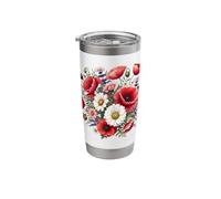 Red Poppies and Daisies in Full Bloom on White Shapes Mania Stainless Steel Insulated Tumbler