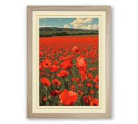 Red Poppies at Dusk Vintage Framed Wall Art Print A2 (59.4×42cm) Oak, Wall Decor for Living Room, Bedroom, Office & Home, Ready to Hang, Art Gift