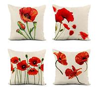 Red Poppies Cushion Covers 30cm x 30cm Outdoor Cushions Waterproof Linen Cushion Covers 12x12 inch Square Throw Pillow Covers Pack of 4 for Decorative Pillows Sofa Cushions Garden Cushions B2