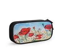 Red Poppies Flowers Large Capacity Pen Pencil Case Daisies Aquarelle Forget Me Not Blue Sky Art Oil Painting Simple Stationery Bag Holder for School Office Student Girls Boys