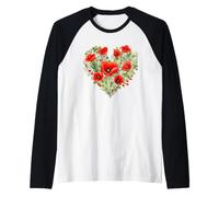 Red Poppies in the Shape of a Love Heart Poppy Illustration Raglan Baseball Tee