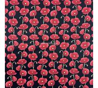 Red Poppy 100% Cotton Poplin Fabric Rose & Hubble Poppies Remembrance Day 45" Black