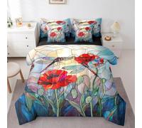 Red Poppy 7 Pieces Bedding Set Full,Rustic Garden Red Flowers Dragonfly Bed in a Bag for Young,Artistic Stained Glass Style Patchwork Comforter Set with Sheets,Pillow Covers