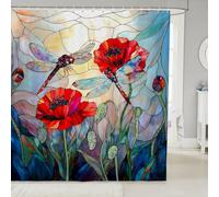 Red Poppy Fabric Shower Curtain,Rustic Garden Red Flowers Dragonfly Bath Curtains,Artistic Stained Glass Style Patchwork Waterproof Shower Curtain for Bathroom,72 Inch Long