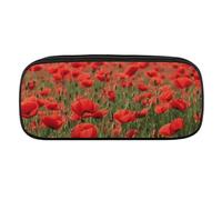 Red Poppy Field Farm Meadow Landscape Pencil Case Waterproof Leather Pencil Pouch Multi-purpose Aesthetic Makeup Bag Cute Pen Bag Large Cosmetic Bag for Office Stationery, Travel