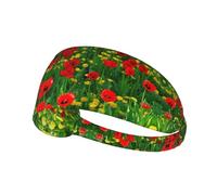 Red Poppy Field Farm Meadow Landscape Print Non-Slip Elastic Running Headband, Sweat Absorbing Stretchy Hair Bands For Gym Yoga, Soft Skin-Friendly Foldable Workout Headband
