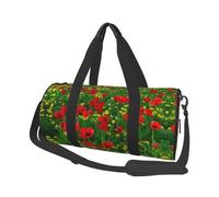 Red Poppy Field Farm Meadow Landscape Print Round Duffel Bag, Canvas Overnight Travel Tote Bag, Waterproof and Tear-Resistant.Foldable Weekend Travel Bag