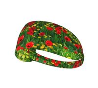 Red Poppy Field Farm Meadow Landscape Printed Elastic Sports Headband: Stretchy Sweatband for Running Gym Cycling Yoga Fitness Travel Unisex