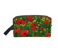 Red Poppy Field Farm Meadow Landscape PrintLarge Capacity Cosmetic Organizer,Travel Makeup Bag for Women