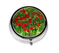 Red Poppy Field Farm Meadow Landscape This Small, Printed, Round Pill Box is a Portable Pill and Vitamin Organizer Perfect for Pockets, Purses, and Travel.