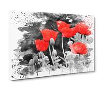 Red Poppy Field Flowers No.7 V3 Modern Canvas Wall Art Print Ready to Hang, Framed Picture for Living Room Bedroom Home Office Décor, 20x14 Inch (50x35 cm)