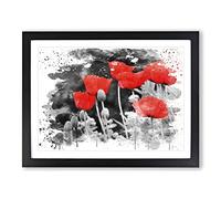 Red Poppy Field Flowers No.7 V3 Modern Framed Wall Art Print, Ready to Hang Picture for Living Room Bedroom Home Office Décor, Black A4 (34 x 25 cm)