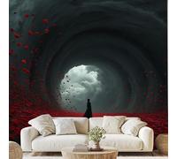 Red Poppy Field Petals Falling Wall Mural Gothic Swirl Peel and Stick Photo Wallpaper 150x100 cm Mysterious Figure Non-Woven Wall Stickers for Bedroom Living Room Corridor Poster Decoration zw85x
