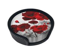 Red Poppy Flower Coasters For Drinks, 6 Pcs Leather Coaster With Holder, Round Cup Mat Pad Set For Home Office Table Decoration