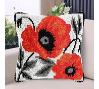 Red Poppy Flower DIY Latch Hook Kits Pillow with Printed Canvas Handmade Cushion Crochet Yarn Embroidery Hook and Latch Kit Pillowcase Christmas Decor 43x43cm