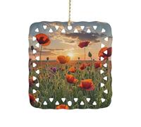 Red Poppy Flower Field in Sunset Ceramic Christmas Ornament Xmas Tree Hanging Pendant Double Sided Pattern Festive Square Ornament Holiday Home Party Decoration Gifts