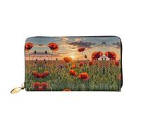 Red Poppy Flower Field in Sunset Leather Wallet for Women Long Coin Purse Ultra Slim Credit Cards Holder Bifold Clutch