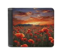Red Poppy Flower Field in Sunset Leather Wallets RFID Blocking Slim Front Pocket Wallet Leather Money Clip, Stylish Mens Bifold Wallet Credit Card Holder Gift for Men