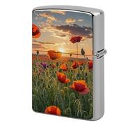 Red Poppy Flower Field in Sunset Lighter Case Double-Sided Graffiti Lighter Holder - Metal Lighters Protective Cover, Universal Fit for Standard Lighters, Stylish Gift for Men & Women