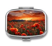 Red Poppy Flower Field in Sunset Pill Organizer Container for Travel, Metal 2 Compartment Square Pill Case, Portable Mini Medicine Box Pill Storage Case for Purse Pocket, Supplement Storage