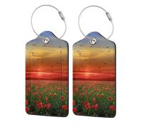 Red Poppy Flower Field in Sunset Printed,Luggage Tags Pu Leather Name Tag Travel Suitcase Identifier ID Tags Durable Luggage Label 2 pcs