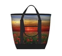 Red Poppy Flower Field in Sunset Printed,Lunch Bags Large Capacity Insulated Tote Bag for Women Men Work Picnic Travel