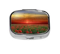 Red Poppy Flower Field in Sunset Printed,Meta Pill Box 2 Compartment Medicine Case,Portable Organizer,Rectangle Meta Portable Organizer Pill Box 2414 Compartment Medicine Case