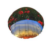 Red Poppy Flower Field In Sunset Printed,Shower Cap Nightcap Double Layer Waterproof Elastic Bath Cap Reusable Hair Cap
