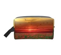 Red Poppy Flower Field in Sunset PrintedLarge Capacity Cosmetic Organizer,Travel Makeup Bag for Women