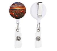 Red Poppy Flower Field in Sunset Retractable Badge Holder with Clip Badge Reels ID Card Vertical Lanyard Holder with Carabiner Reel Clip Badge Holder for Office Work Employee