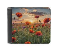 Red Poppy Flower Field in Sunset Wallet Large Capacity Slim Bifold Wallet with Multiple Card Slots PU Leather Men Purse