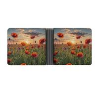 Red Poppy Flower Field in Sunset Wallet Slim PU Bifold Design Wallet with Multiple Card Slots Wallets Extra Capacity Pocket Wallets