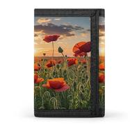 Red Poppy Flower Field in Sunset Wallet Slim Trifold Wallets with Multiple Card Slots Credit Card Holder Pocket Coin Purse