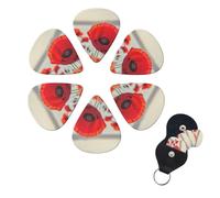 Red Poppy Flower Guitar Picks 6 Pack, 0.71mm Thickness Celluloid Bass Pick with Leather Guitar Pick Holder Keychain Abstract Art Pics Plectrum for Acoustic Electric Guitar, Ukulele, Bass