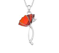 Red Poppy Flower Pendant Necklace - Red Paua Shell Inlay - Botanical Remembrance Jewelry Gift for Women - Nature-Inspired Sterling Silver Necklace in Gift Box