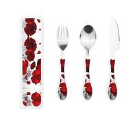 Red Poppy Flower Print Knife, Fork and Spoon Set - Stainless Steel Flatware Set, Birthday Parties, and More â€“ Adorable