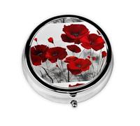 Red Poppy Flower Print Pill Box Purse Small Round Pill Case Decorative Box Metal Medicine Vitamin Pill Organizer for Pocket Or Purse