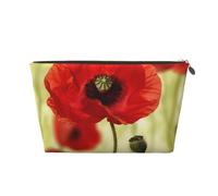 Red Poppy Flower Printed Toiletry Bag for Women Girl Portable Travel Cosmetic Bag Leather Makeup Pouch Organizer with Gold Zipper