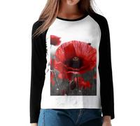 Red Poppy Flower Printed Women's Long Sleeve T-Shirt - Soft Cotton Round Neck Top Tee Shirt