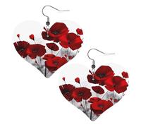 Red Poppy Flower Prints Leather Heart earrings Pendant Stylish and light Lightweight Dangle for Women Girls, One Size, Leather, No Gemstone