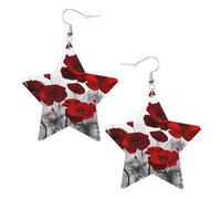 Red Poppy Flower Prints Leather star earrings Pendant Stylish and light Lightweight Dangle for Women Girls, One Size, Leather, No Gemstone