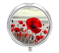 Red Poppy Flower Round Pill Box 3 Compartment Medicine Pill Organizer with Mirror Travel Small Pill Case Cute Vitamin Organizer Portable Daily Pill Container for Pocket Purse