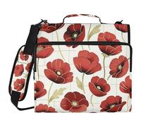 Red Poppy Flower Stained Art Deco 3 Ringing Binder Zipper with Shoulder Strap Multi-Pocket Zippered Portfolio Suitable for Middle School
