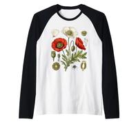 Red Poppy Flower Study Petals Buds Leaves Seed Pods Raglan Baseball Tee